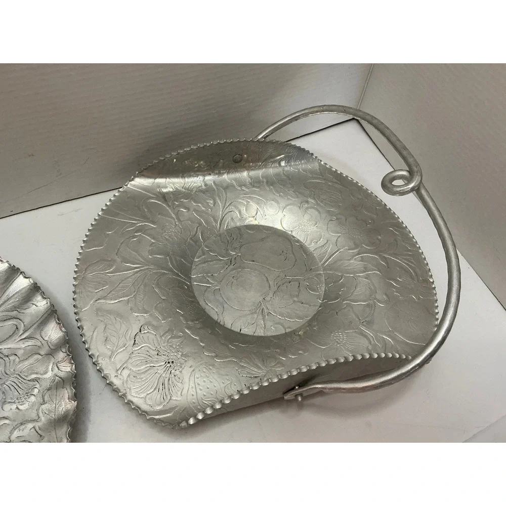 Vintage Aluminum Serving Set Floral Hammered Metal Trays Mid Century